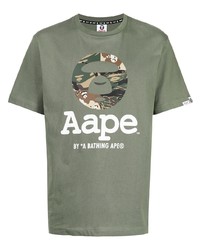 olivgrünes bedrucktes T-Shirt mit einem Rundhalsausschnitt von AAPE BY A BATHING APE