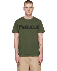 olivgrünes bedrucktes T-Shirt mit einem Rundhalsausschnitt von Alexander McQueen