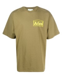 olivgrünes bedrucktes T-Shirt mit einem Rundhalsausschnitt von Aries