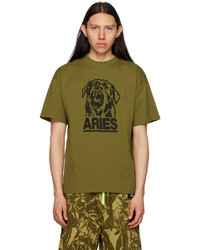 olivgrünes bedrucktes T-Shirt mit einem Rundhalsausschnitt von Aries