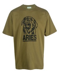 olivgrünes bedrucktes T-Shirt mit einem Rundhalsausschnitt von Aries