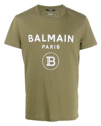 olivgrünes bedrucktes T-Shirt mit einem Rundhalsausschnitt von Balmain