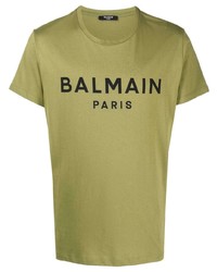 olivgrünes bedrucktes T-Shirt mit einem Rundhalsausschnitt von Balmain