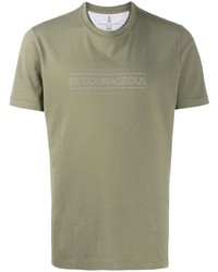 olivgrünes bedrucktes T-Shirt mit einem Rundhalsausschnitt von Brunello Cucinelli