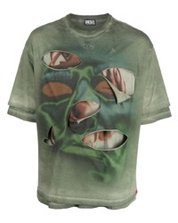 olivgrünes bedrucktes T-Shirt mit einem Rundhalsausschnitt von Diesel