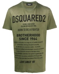 olivgrünes bedrucktes T-Shirt mit einem Rundhalsausschnitt von DSQUARED2