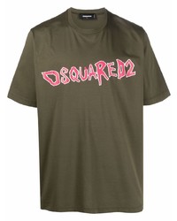 olivgrünes bedrucktes T-Shirt mit einem Rundhalsausschnitt von DSQUARED2