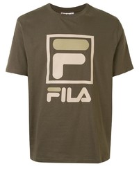 olivgrünes bedrucktes T-Shirt mit einem Rundhalsausschnitt von Fila
