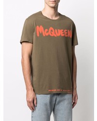 olivgrünes bedrucktes T-Shirt mit einem Rundhalsausschnitt von Alexander McQueen