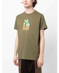 olivgrünes bedrucktes T-Shirt mit einem Rundhalsausschnitt von Maharishi