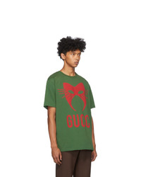 olivgrünes bedrucktes T-Shirt mit einem Rundhalsausschnitt von Gucci