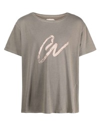 olivgrünes bedrucktes T-Shirt mit einem Rundhalsausschnitt von Greg Lauren