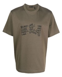 olivgrünes bedrucktes T-Shirt mit einem Rundhalsausschnitt von Helmut Lang