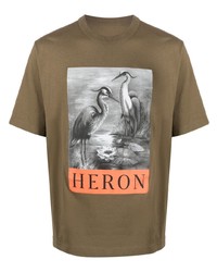 olivgrünes bedrucktes T-Shirt mit einem Rundhalsausschnitt von Heron Preston