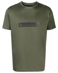 olivgrünes bedrucktes T-Shirt mit einem Rundhalsausschnitt von John Richmond