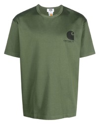 olivgrünes bedrucktes T-Shirt mit einem Rundhalsausschnitt von Junya Watanabe