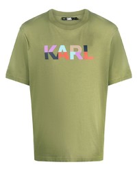 olivgrünes bedrucktes T-Shirt mit einem Rundhalsausschnitt von Karl Lagerfeld
