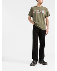 olivgrünes bedrucktes T-Shirt mit einem Rundhalsausschnitt von Moschino