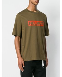 olivgrünes bedrucktes T-Shirt mit einem Rundhalsausschnitt von Helmut Lang