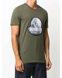 olivgrünes bedrucktes T-Shirt mit einem Rundhalsausschnitt von Moncler