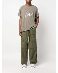 olivgrünes bedrucktes T-Shirt mit einem Rundhalsausschnitt von Greg Lauren