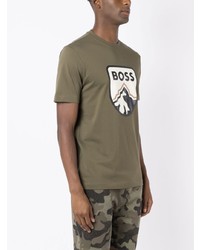 olivgrünes bedrucktes T-Shirt mit einem Rundhalsausschnitt von BOSS