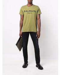 olivgrünes bedrucktes T-Shirt mit einem Rundhalsausschnitt von Balmain