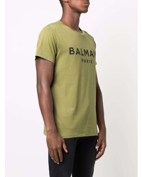 olivgrünes bedrucktes T-Shirt mit einem Rundhalsausschnitt von Balmain