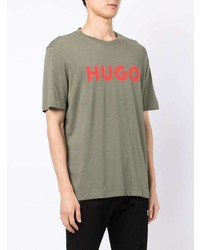 olivgrünes bedrucktes T-Shirt mit einem Rundhalsausschnitt von Hugo