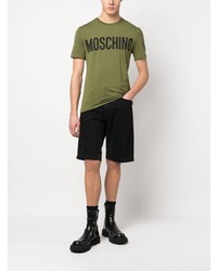 olivgrünes bedrucktes T-Shirt mit einem Rundhalsausschnitt von Moschino