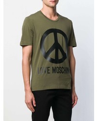 olivgrünes bedrucktes T-Shirt mit einem Rundhalsausschnitt von Love Moschino