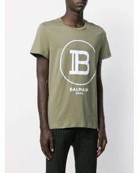 olivgrünes bedrucktes T-Shirt mit einem Rundhalsausschnitt von Balmain