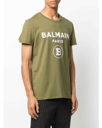 olivgrünes bedrucktes T-Shirt mit einem Rundhalsausschnitt von Balmain