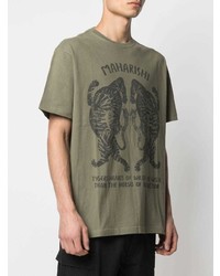 olivgrünes bedrucktes T-Shirt mit einem Rundhalsausschnitt von Maharishi