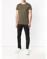 olivgrünes bedrucktes T-Shirt mit einem Rundhalsausschnitt von Balmain