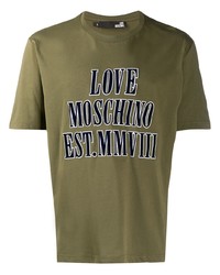olivgrünes bedrucktes T-Shirt mit einem Rundhalsausschnitt von Love Moschino