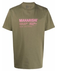 olivgrünes bedrucktes T-Shirt mit einem Rundhalsausschnitt von Maharishi