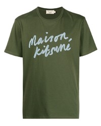 olivgrünes bedrucktes T-Shirt mit einem Rundhalsausschnitt von MAISON KITSUNÉ