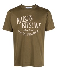 olivgrünes bedrucktes T-Shirt mit einem Rundhalsausschnitt von MAISON KITSUNÉ