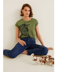 olivgrünes bedrucktes T-Shirt mit einem Rundhalsausschnitt von Mango