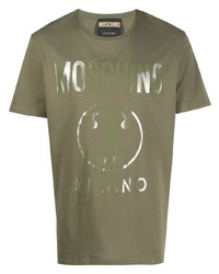 olivgrünes bedrucktes T-Shirt mit einem Rundhalsausschnitt von Moschino