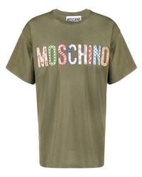 olivgrünes bedrucktes T-Shirt mit einem Rundhalsausschnitt von Moschino