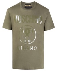 olivgrünes bedrucktes T-Shirt mit einem Rundhalsausschnitt von Moschino