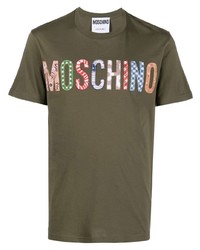 olivgrünes bedrucktes T-Shirt mit einem Rundhalsausschnitt von Moschino