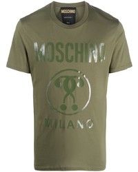 olivgrünes bedrucktes T-Shirt mit einem Rundhalsausschnitt von Moschino