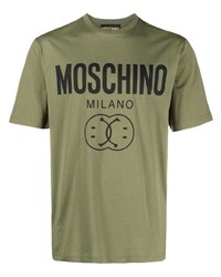 olivgrünes bedrucktes T-Shirt mit einem Rundhalsausschnitt von Moschino