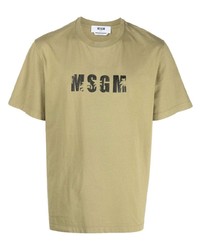 olivgrünes bedrucktes T-Shirt mit einem Rundhalsausschnitt von MSGM