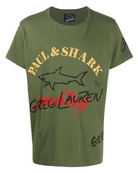 olivgrünes bedrucktes T-Shirt mit einem Rundhalsausschnitt von Paul & Shark