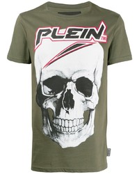 olivgrünes bedrucktes T-Shirt mit einem Rundhalsausschnitt von Philipp Plein