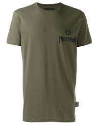 olivgrünes bedrucktes T-Shirt mit einem Rundhalsausschnitt von Philipp Plein
